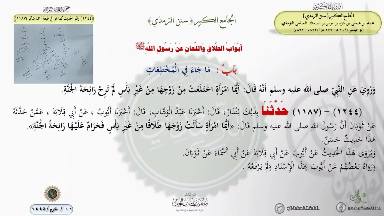 جامع الترمذي (1216) وطبعة أحمد شاكر(1187) باب ما جاء في المختلعات // الدكتور ماهر الفحل