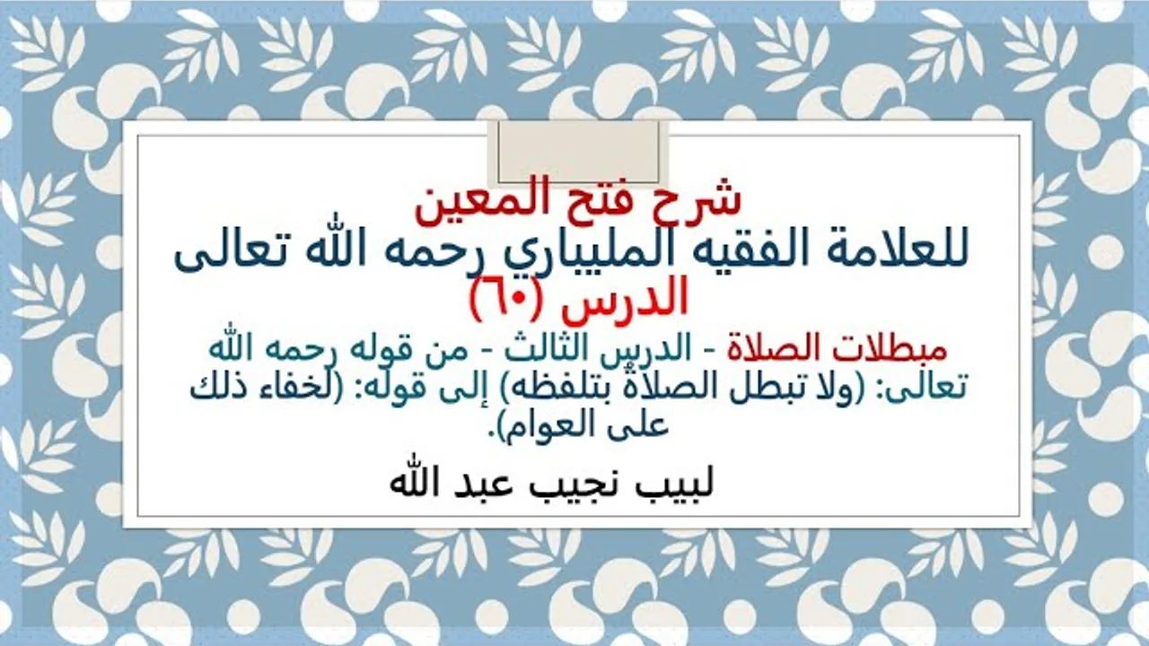 شرح فتح المعين للعلامة الفقيه المليباري - 60 من قوله: (ولا تبطل الصلاةُ) إلى: (لخفاء ذلك على العوام)