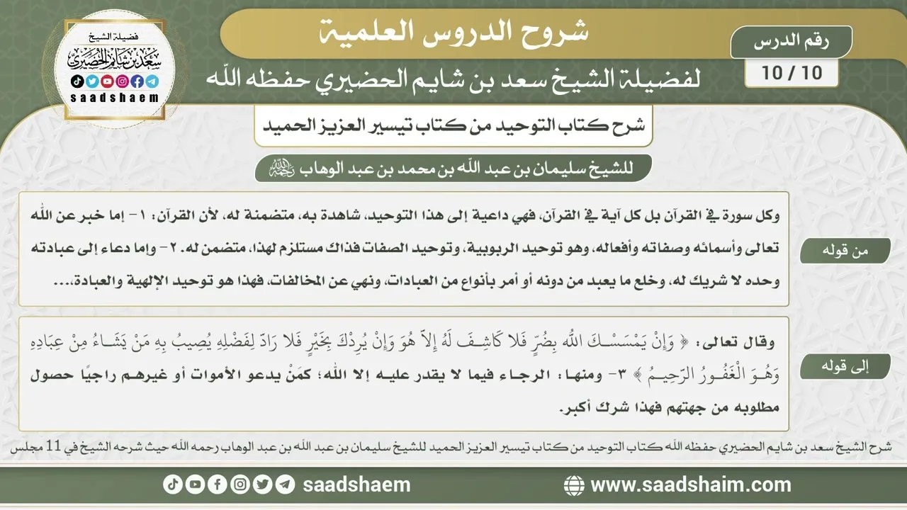 10 - 10 شرح كتاب التوحيد من كتاب تيسير العزيز الحميد بتاريخ 17-5-1435هـ - الشيخ سعد بن شايم الحضيري