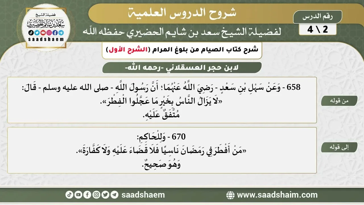 شرح كتاب الصيام من بلوغ المرام (2) الشرح الأول - الشيخ سعد بن شايم الحضيري