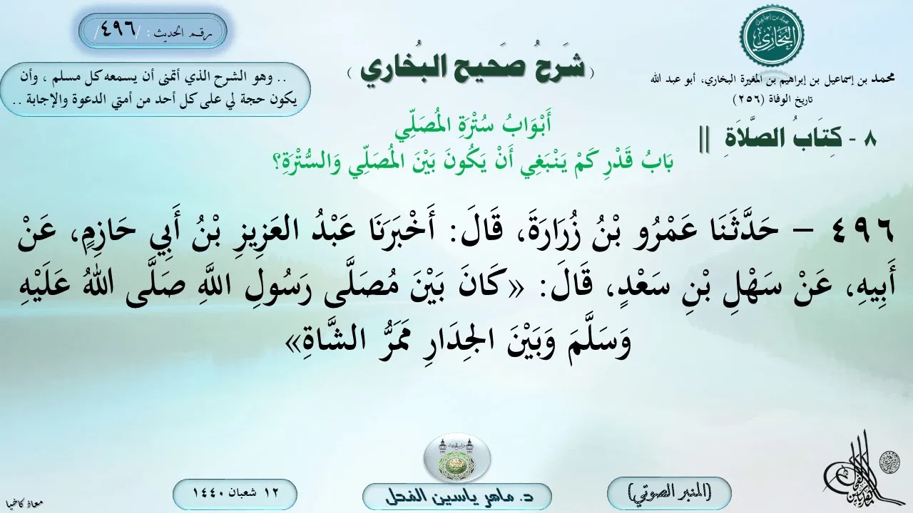 496 - شرح صحيح البخاري : باب قدر كم ينبغي أن يكون بين المصلي والسترة ؟ الحديث 496 ||ماهر ياسين الفحل