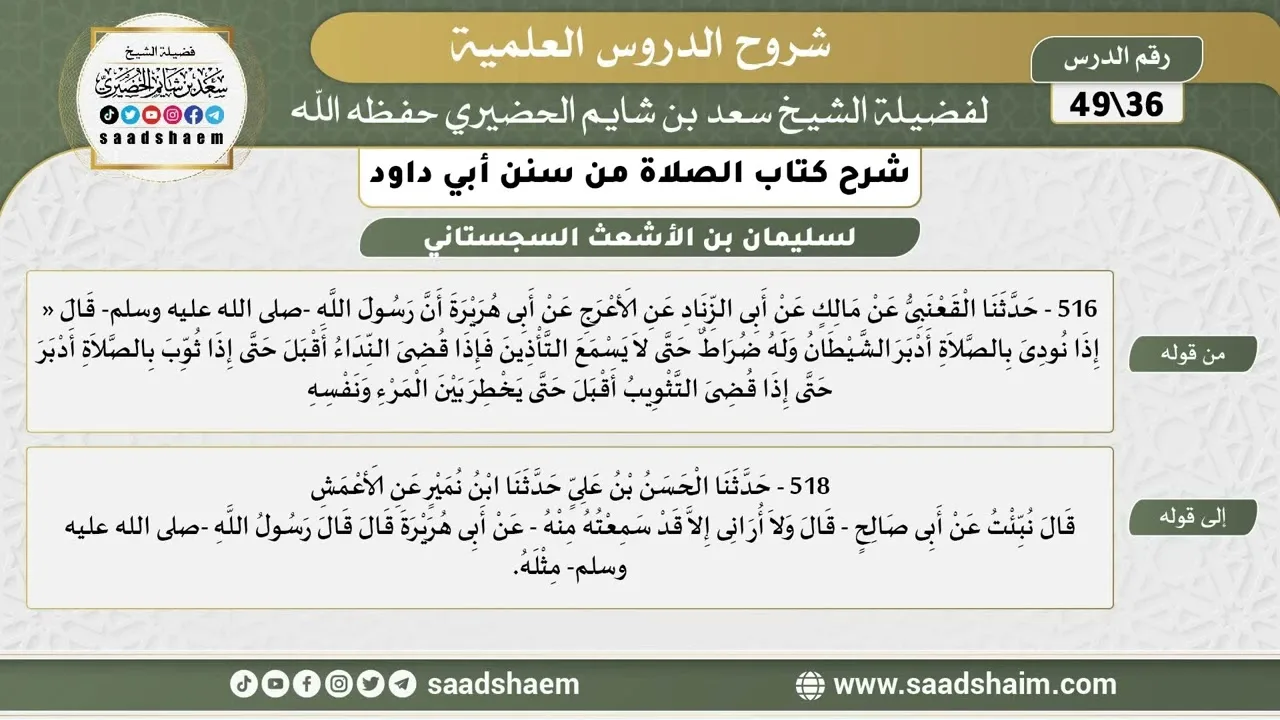 شرح كتاب الصلاة من سنن أبي داود (36) - الشرح الأول - الشيخ سعد بن شايم الحضيري
