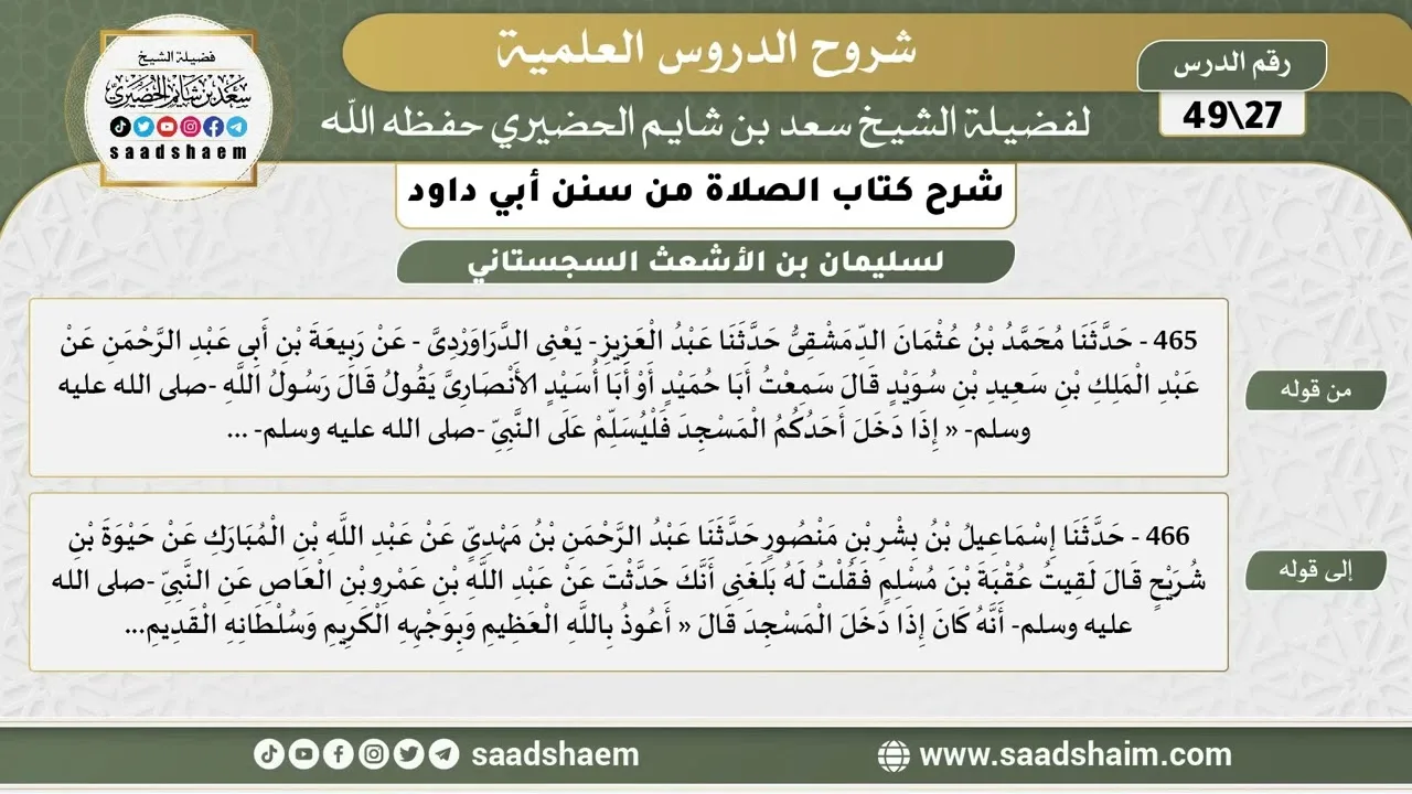 شرح كتاب الصلاة من سنن أبي داود (27) - الشرح الأول - الشيخ سعد بن شايم الحضيري