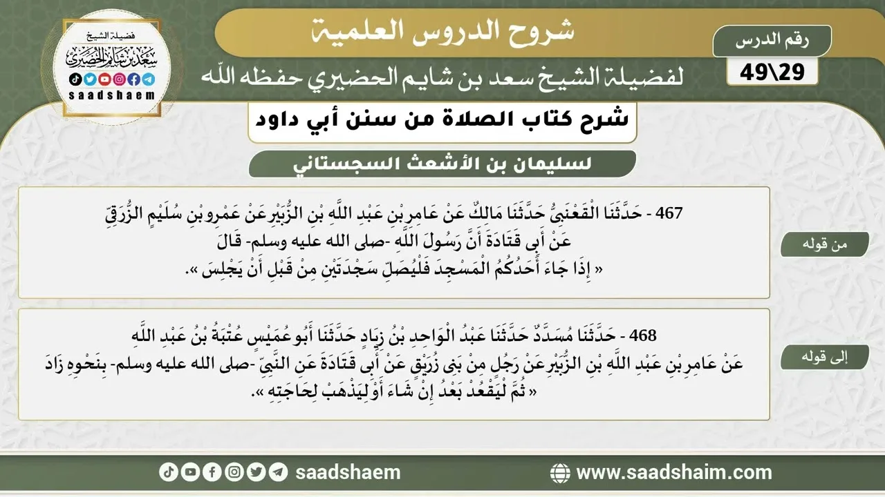 شرح كتاب الصلاة من سنن أبي داود (29) - الشرح الأول - الشيخ سعد بن شايم الحضيري