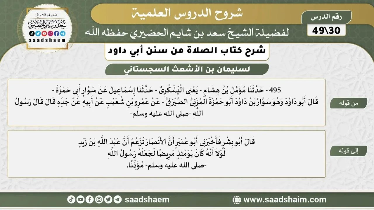 شرح كتاب الصلاة من سنن أبي داود (30) - الشرح الأول - الشيخ سعد بن شايم الحضيري