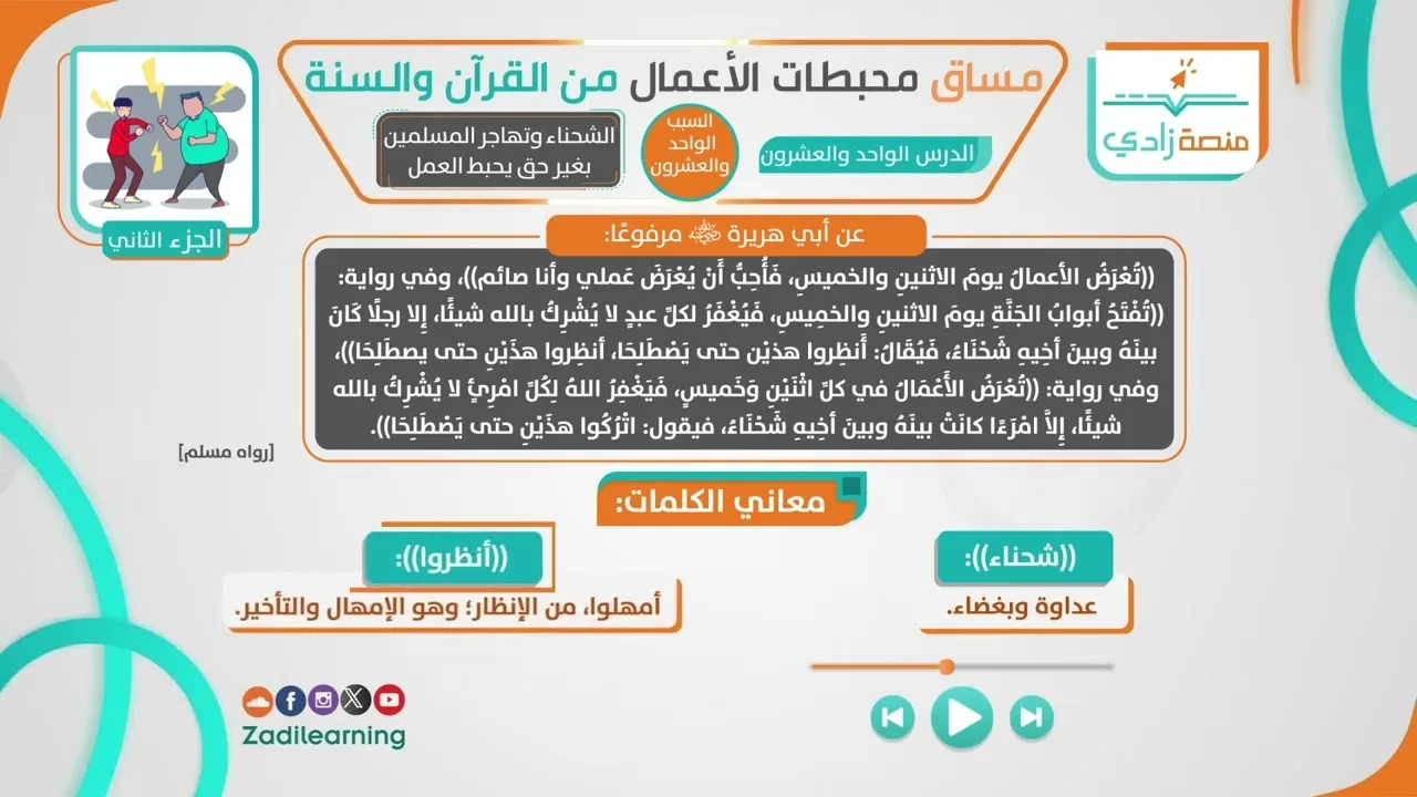 محبطات الأعمال من القرآن والسنة - الدرس الواحد والعشرون - الشحناء وتهاجر المسلمين بغير حق يحبط العمل