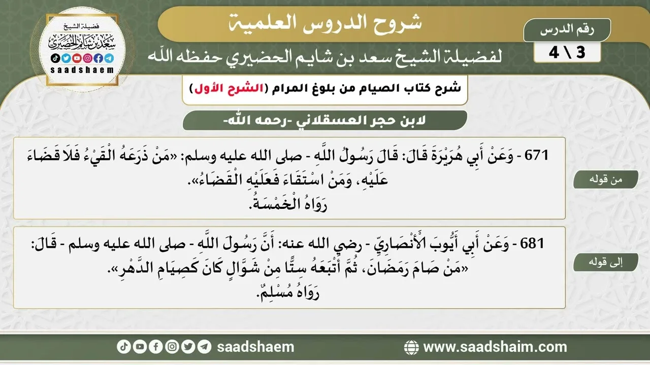 شرح كتاب الصيام من بلوغ المرام (3) الشرح الأول - الشيخ سعد بن شايم الحضيري