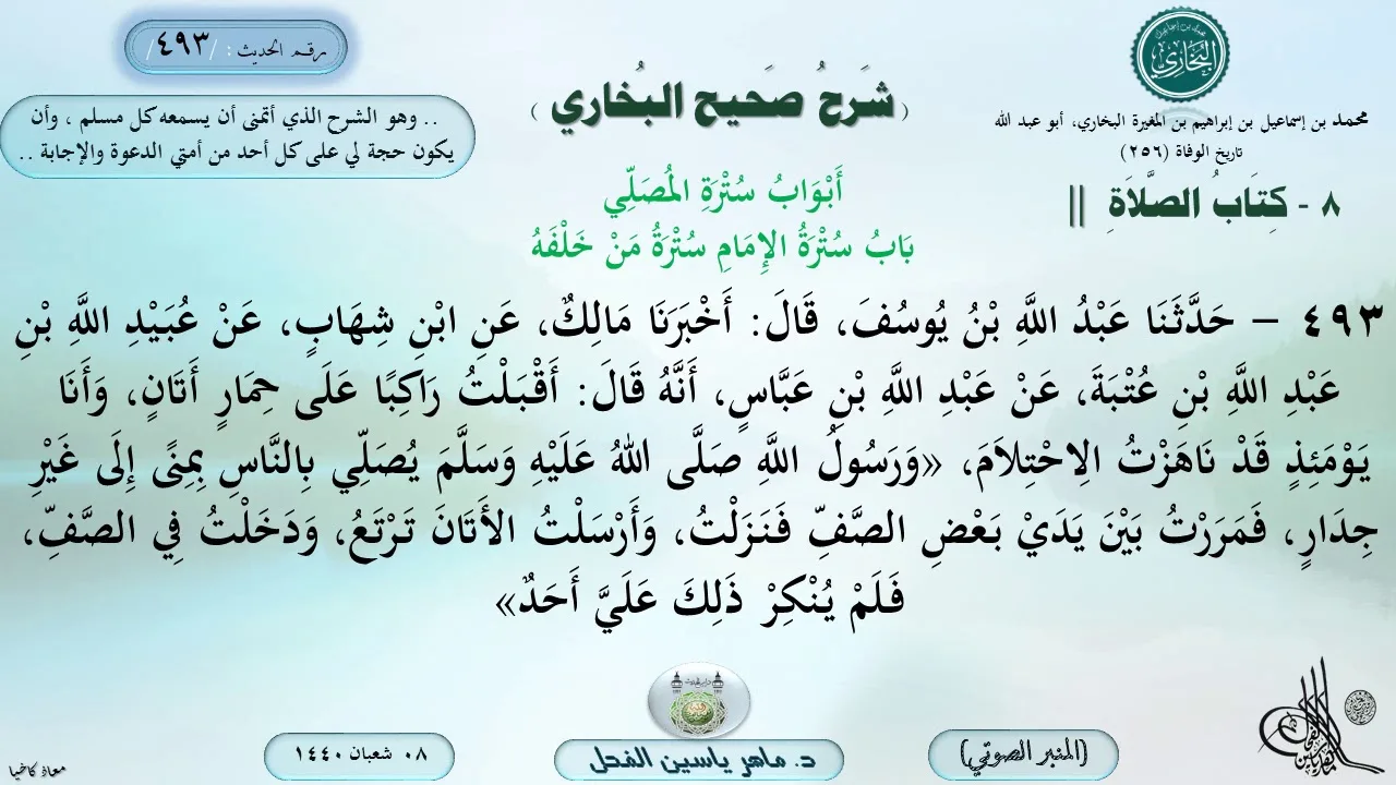 493 - شرح صحيح البخاري : أبواب سترة المصلي ، باب سترة الإمام سترة من خلفه - الحديث 493 || ماهر الفحل