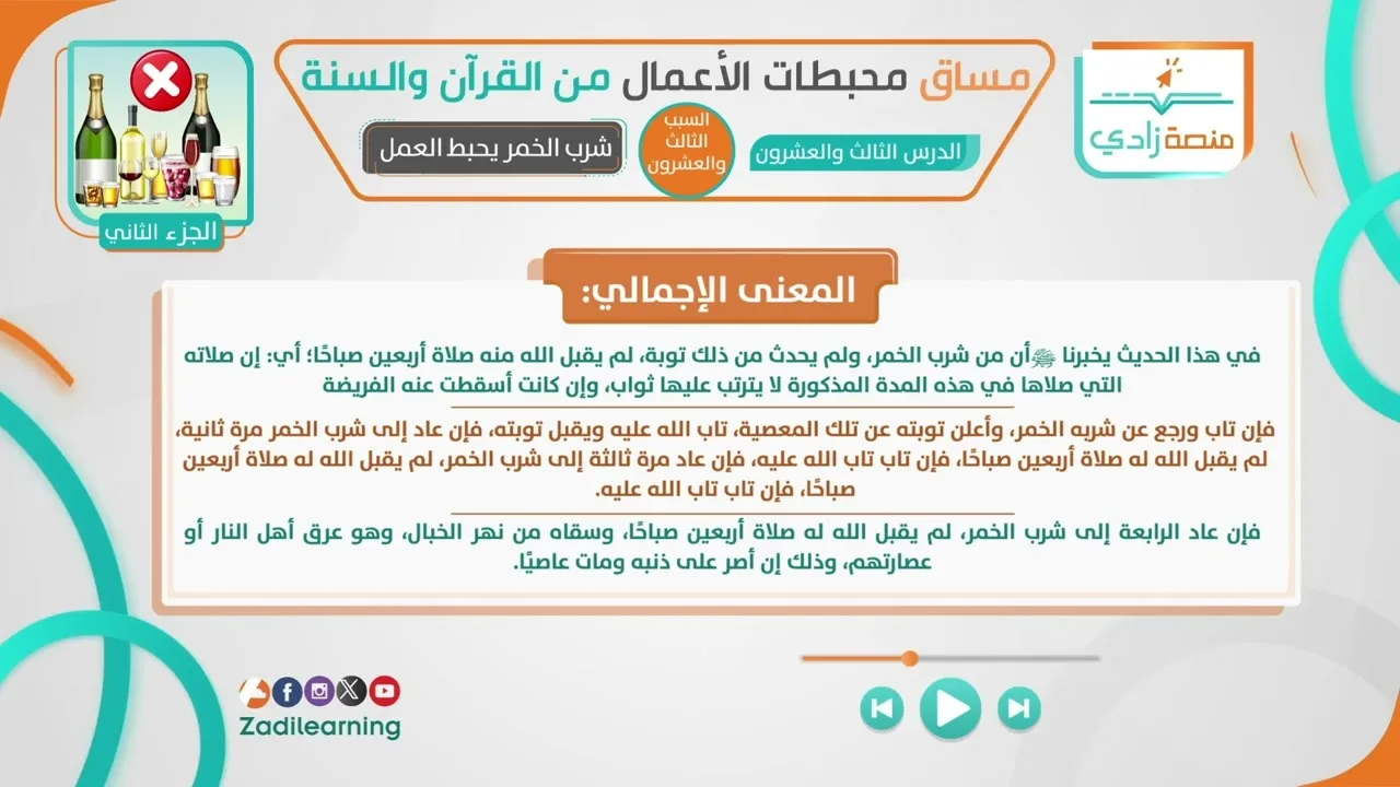 محبطات الأعمال من القرآن والسنة - الدرس الثالث والعشرون -  شرب الخمر يحبط العمل