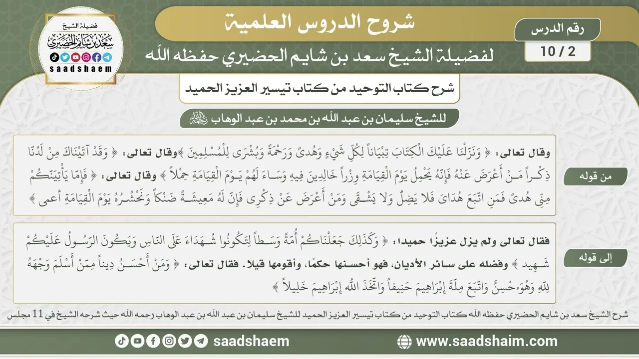 2 - 10 شرح كتاب التوحيد من كتاب تيسير العزيز الحميد بتاريخ 23-1-1435هـ - الشيخ سعد بن شايم الحضيري