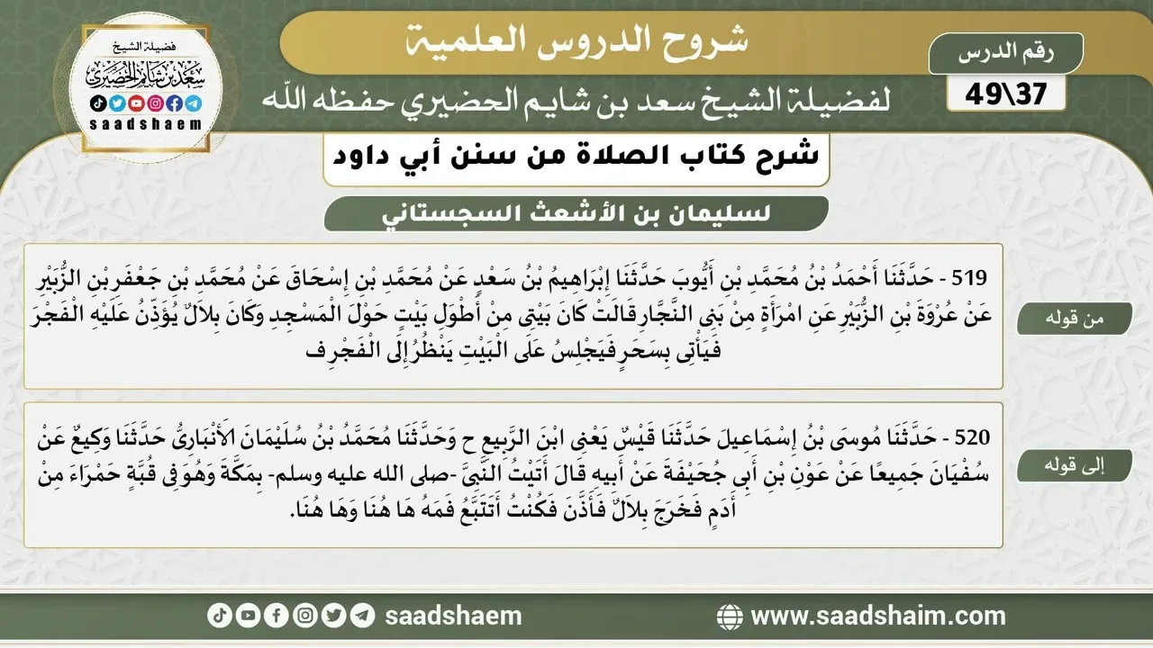 شرح كتاب الصلاة من سنن أبي داود (37) - الشرح الأول - الشيخ سعد بن شايم الحضيري