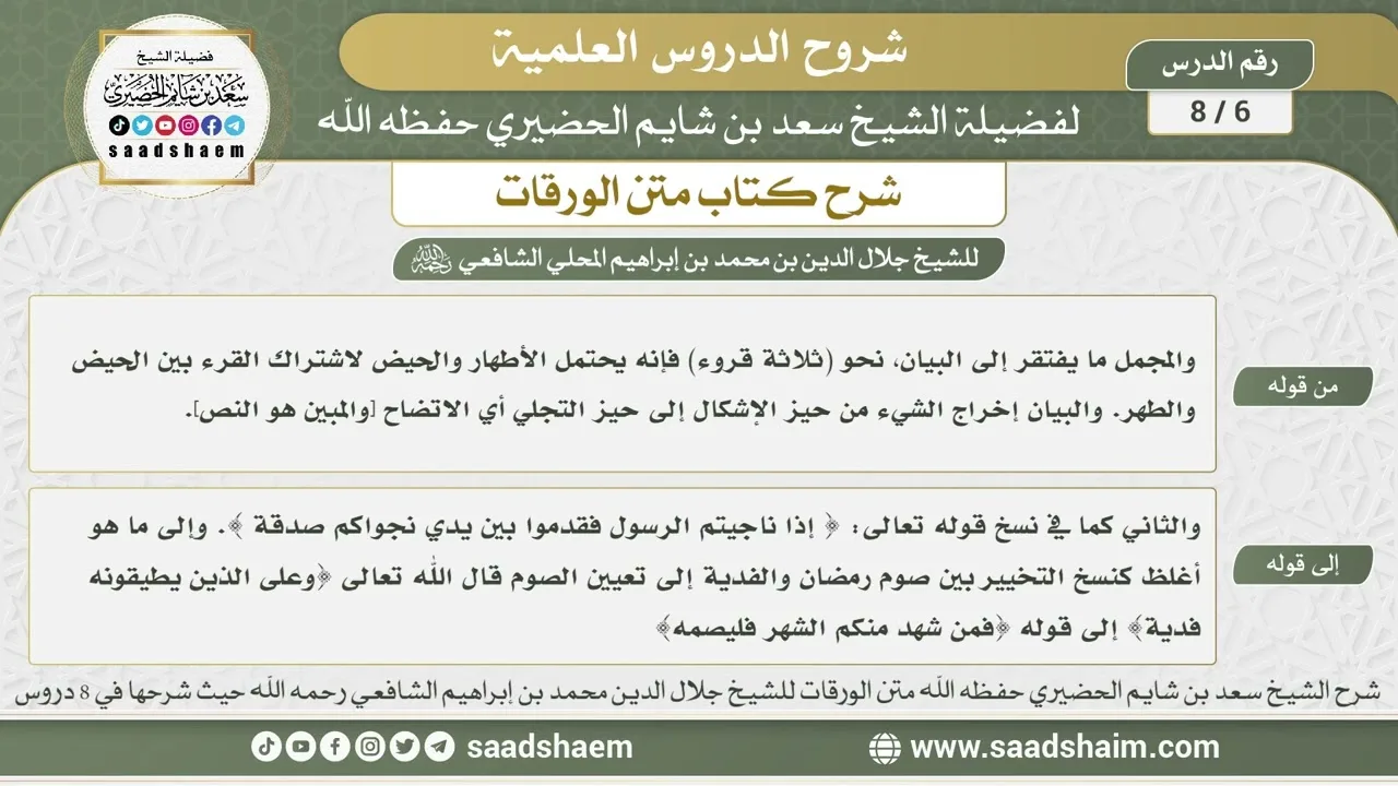 6 - 8 شرح كتاب متن الورقات ( الدرس السادس ) - الشيخ سعد بن شايم الحضيري
