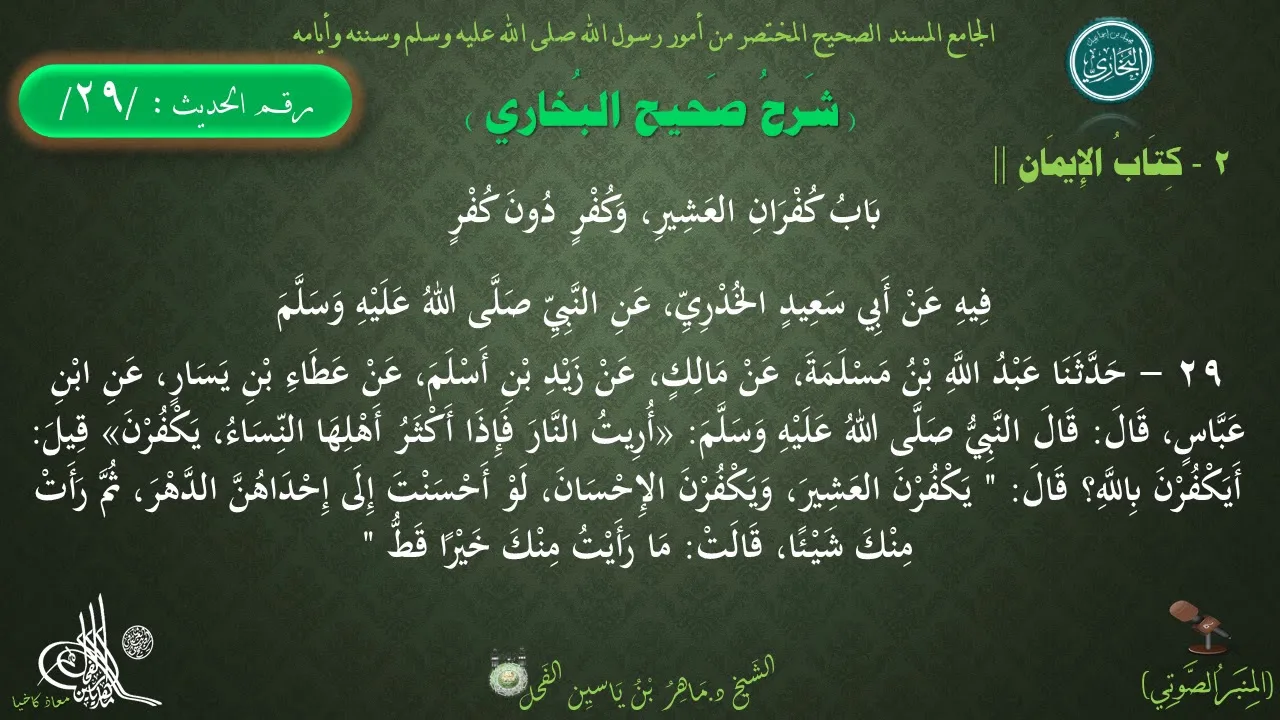 29 - شرح صحيح البخاري كتاب الإيمان | باب كفران العشير وكفر دون كفر - الحديث29 || د.ماهر الفحل