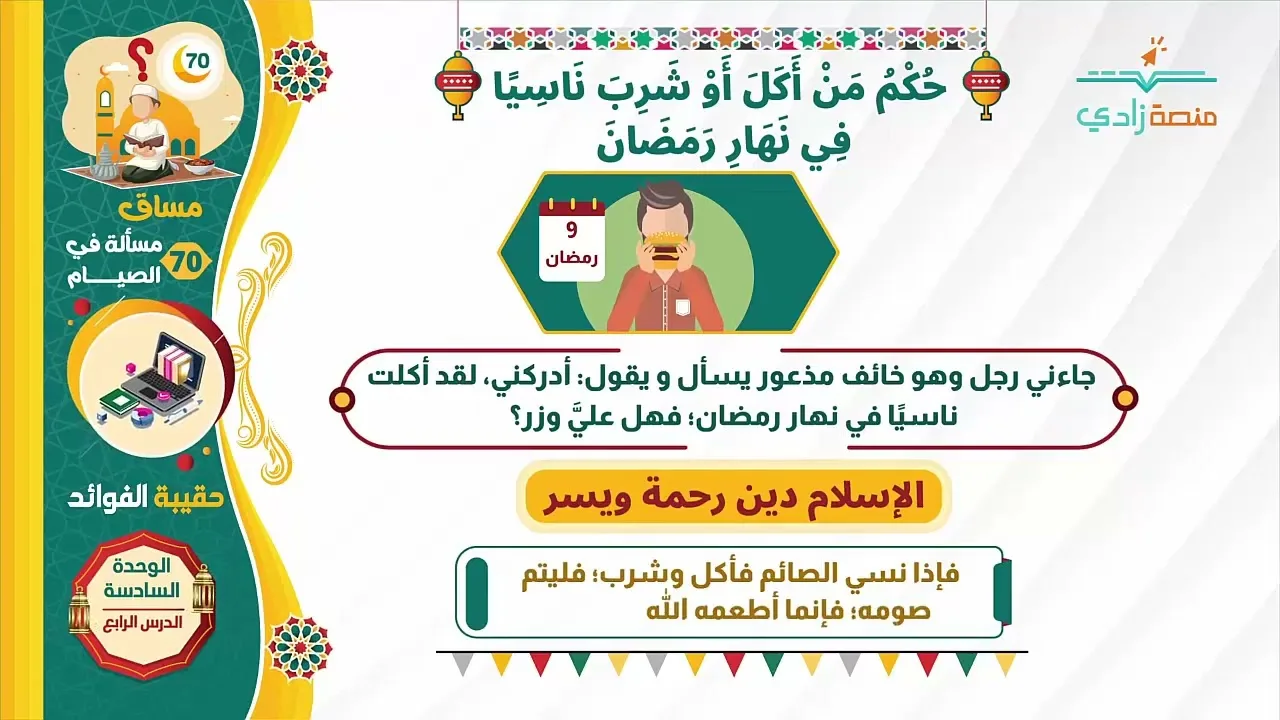 حكم من أكل أو شرب ناسيًا في نهار رمضان   70 مسألة في الصيام   4 6   منصة زادي