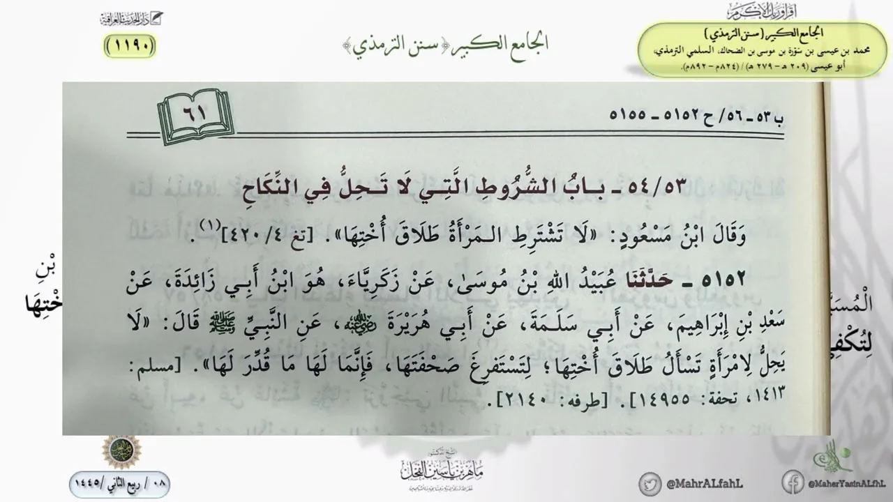 شرح سنن الترمذي (1190) بَابٌ : مَا جَاءَ : لَا تَسْأَلِ الْمَرْأَةُ طَلَاقَ أُخْتِهَا .
